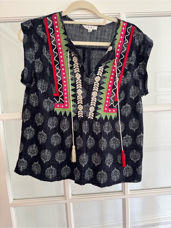 THML Tops - THML Navy Boho Embroidered V-Neck Top with Pink & Green Trim